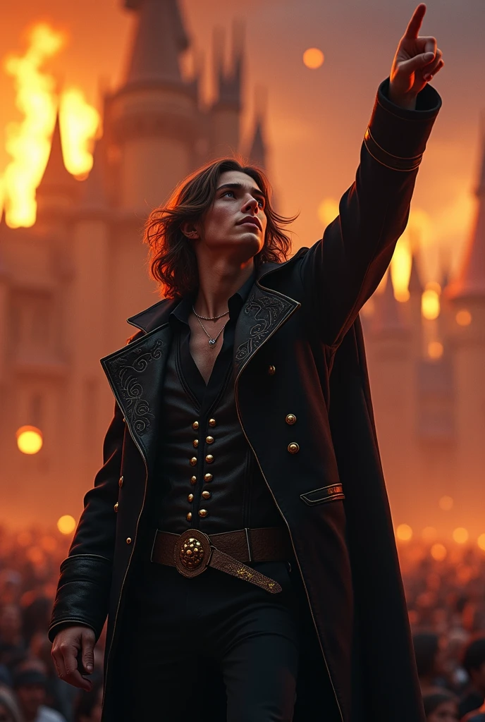 artwork best quality handsome american male teenager long brown hair light skin with black cape and hooded coat on head with gold details black long sleeve shirt and black pants underneath intricate details singing holding a microphone seen from afar pointing upwards at a concert with a castle on fire behind him uhq details 8k
