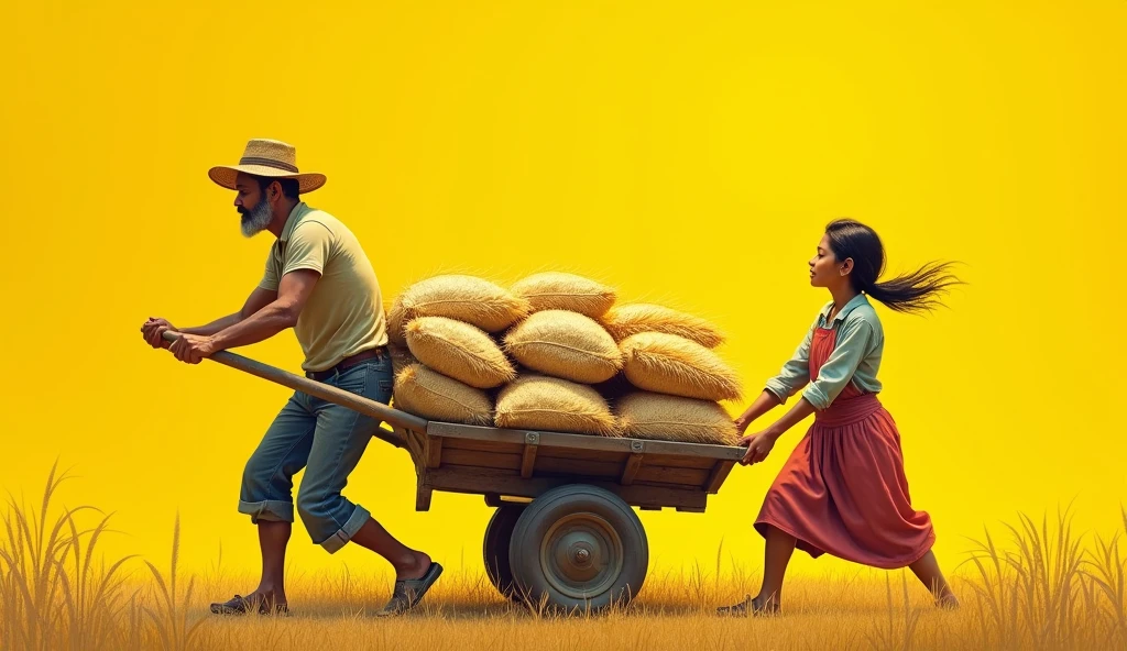 a man pulling a cart full of rice, a woman pushing behind on a yellow background, in the style of rainbowcore, canvas texture emphasis, paintings, realist detail, flat form