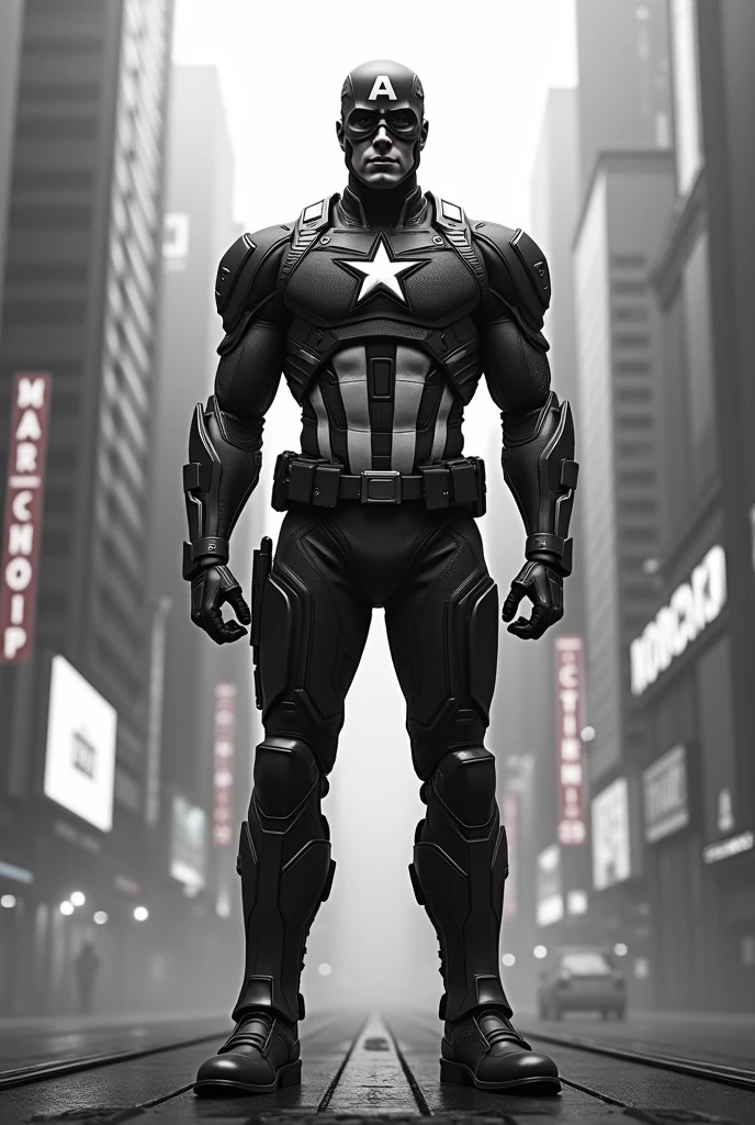 Captain America with RoboCop costume in cyberpunk scenery in black and white colours grading
