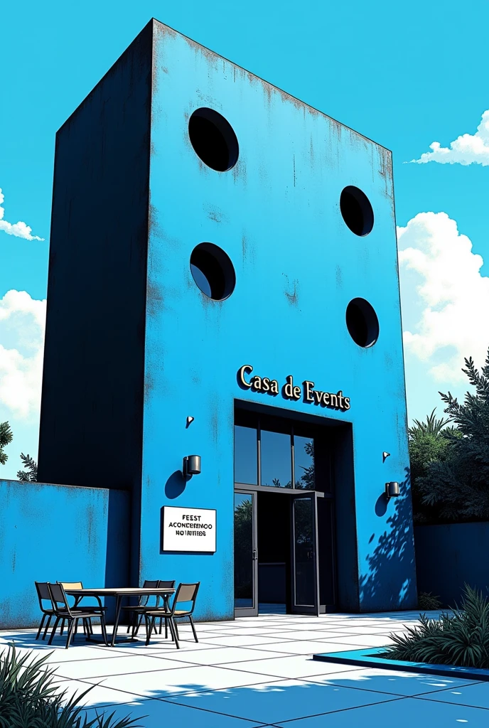 Image in architectural drawing style, unrealistic, blue and black, em 2d ,of a beautiful large rectangular building, form of surplus ,with 4 circular windows, casa de Events, with patio in front containing empty tables and chairs, feast no interior, with a small warning sign on the wall saying no drinks and another large sign like a blank sign for the concert venue , casa de show, feast, Events, glass doors and windows, feast acontecendo no interior