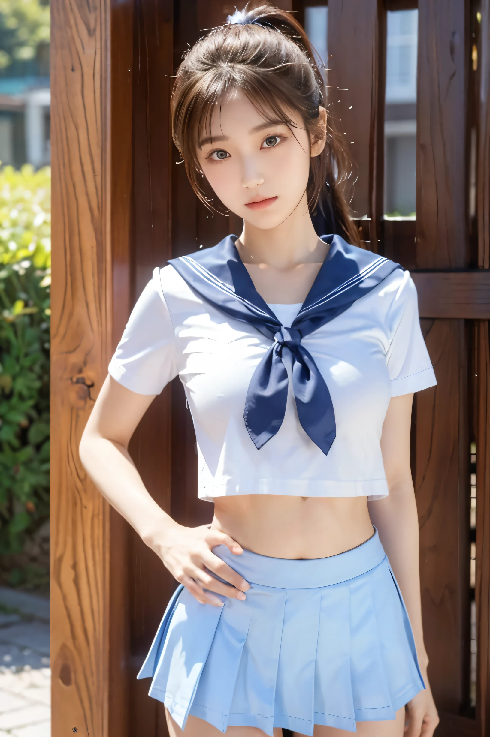 (Ultra HD), (Looking at me), (The whole body is shown), (Light blue short sleeve sailor uniform, Light blue low rise mini skirt), Big Breasts, slender, Narrow waist, (The belly button is visible:0.6), (Thin legs:1.2), (Thin thighs:1.2), (Thin Hips:1.4), (Beautiful Skin, Shiny skin, White skin), (Super slim face, Super beautiful face, No makeup, Smile:0.6), (light brown, ponytail, Layered Cut, Fluffy hair), (double eyelid, Slanted Eyes), Small Nose, Thin lips, Are standing, In front of the school gate