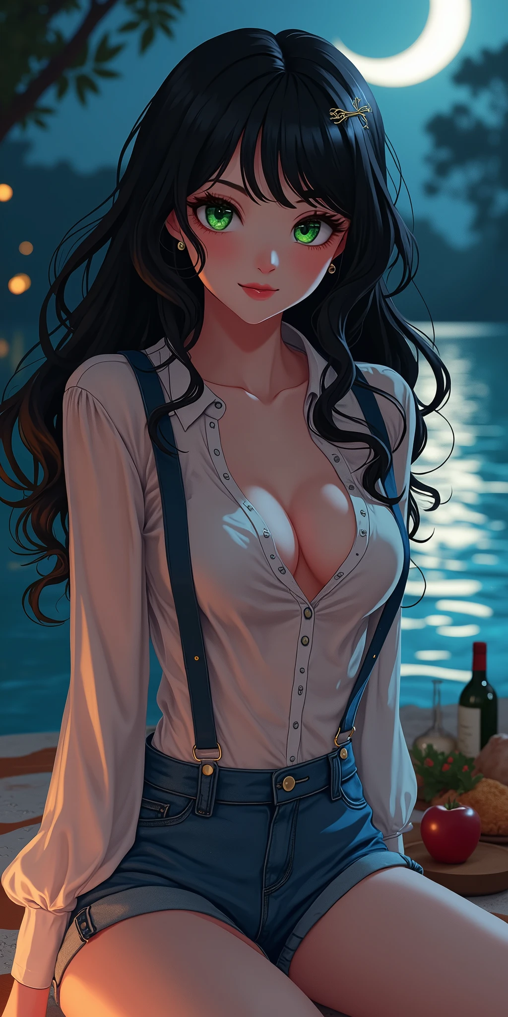 (best quality, ultra-detailed, photorealistic: 1.39), bright and vibrant colors, studio lighting, romantic expression, An effeminate girl, with a delicate and beautiful face. She is a girl who reflects seductive beauty, sparkling eyes, A beautiful adult woman beautiful and voluminous curly black hair, hair clip, crying a seductive 2 woman with big breasts seduces, with her large breasts seduces, transparent long-sleeved blouse with buttons, denim shorts with suspenders, with her green eyes that matches her soft smile, in a beautiful pose demonstrating her seduction on the in front of a beautiful lagoon, moon, trees and a beautiful picnic, night with soft lighting, anime style, like a manwha character