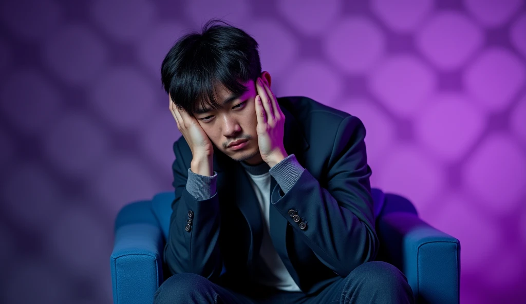 A Japanese male college student wearing fashionable clothes is depressed with a gloomy expression, holding his head in a blue chair under the spotlight,Excited, Photo of your face, Purple pattern background, with a natural look, With a slightly tired look, tilt your face a little, Diagonal orientation, Average face