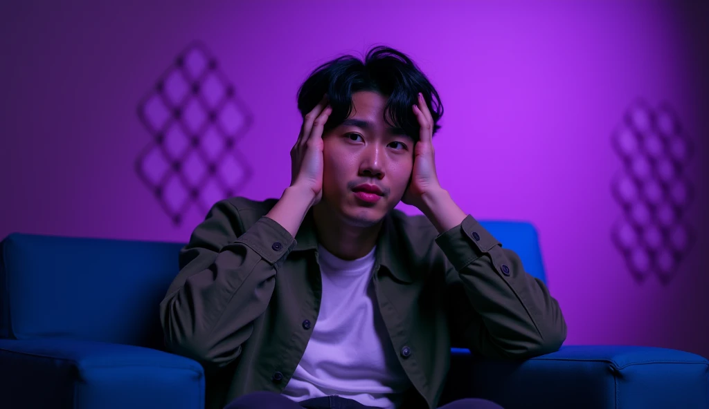 A Japanese male college student wearing fashionable clothes is depressed with a gloomy expression, holding his head in a blue chair under the spotlight,Excited, Photo of your face, Purple pattern background, with a natural look, With a slightly tired look, tilt your face a little, Diagonal orientation, Average face