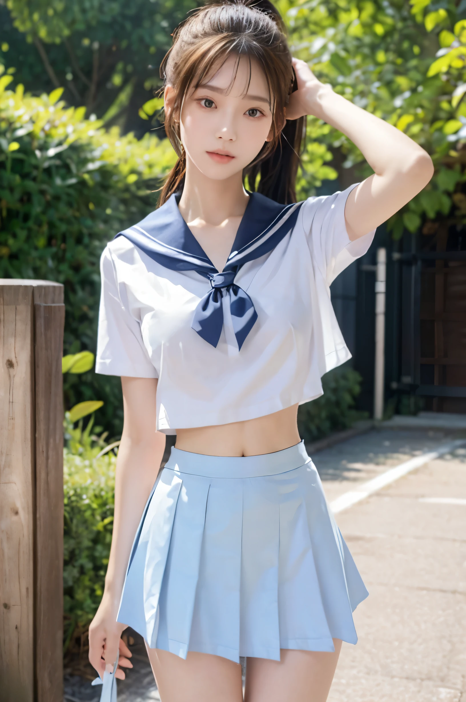 (Ultra HD), (Looking at me), (The whole body is shown), (Light blue short sleeve sailor uniform, Light blue low rise mini skirt), Big Breasts, slender, Narrow waist, (The belly button is visible:0.6), (Thin legs:1.2), (Thin thighs:1.2), (Thin Hips:1.4), (Beautiful Skin, Shiny skin, White skin), (Super slim face, Super beautiful face, No makeup, Smile:0.6), (light brown, ponytail, Layered Cut, Fluffy hair), (double eyelid, Slanted Eyes), Small Nose, Thin lips, Are standing, In front of the school gate