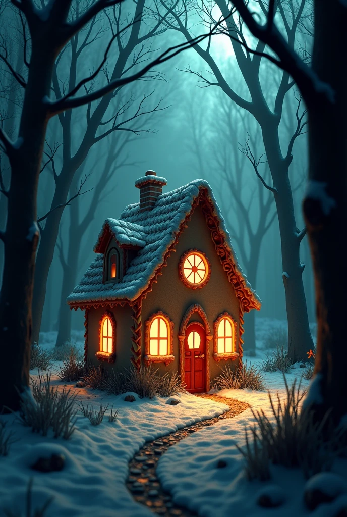A gingerbread house, brightly colored and inviting, stands in the middle of the dark forest. But beneath the cheerful exterior, there are subtle signs of decay—cracks in the walls, a slightly skewed roof, and shadows that seem to move on their own. The atmosphere is ominous, as if the house itself is a trap