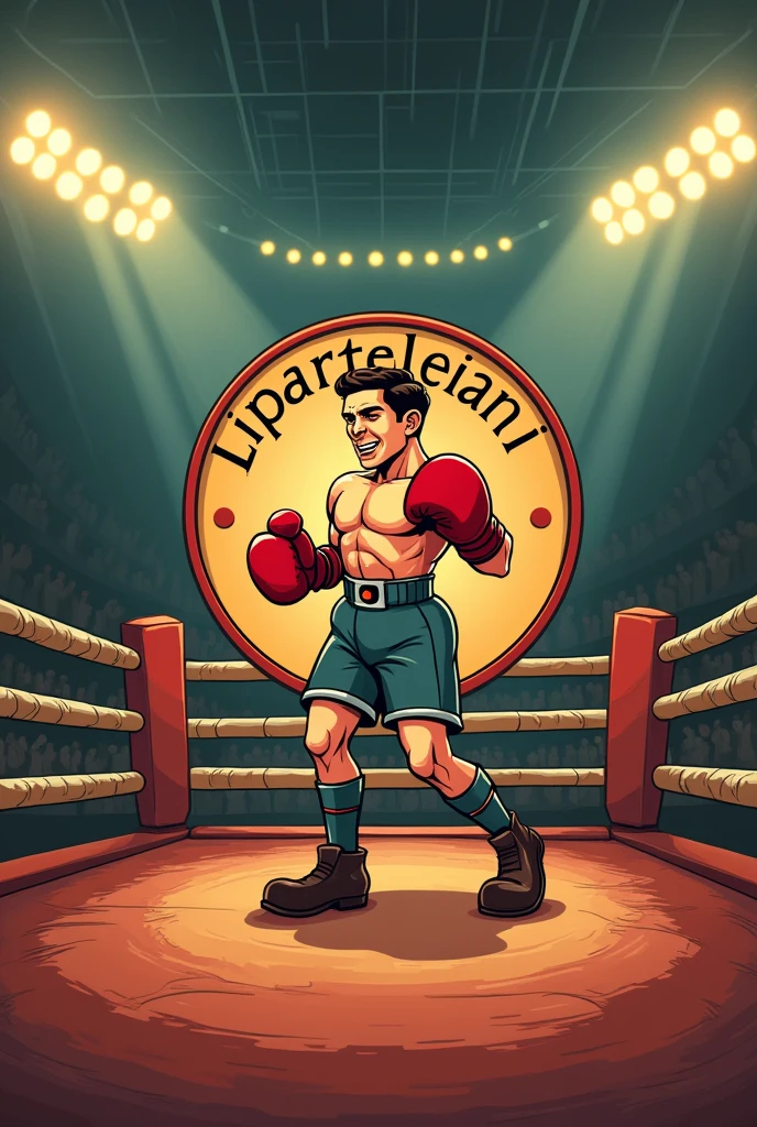 1920's cartoon mascot logo in circle, boxing ring,text Liparteliani 