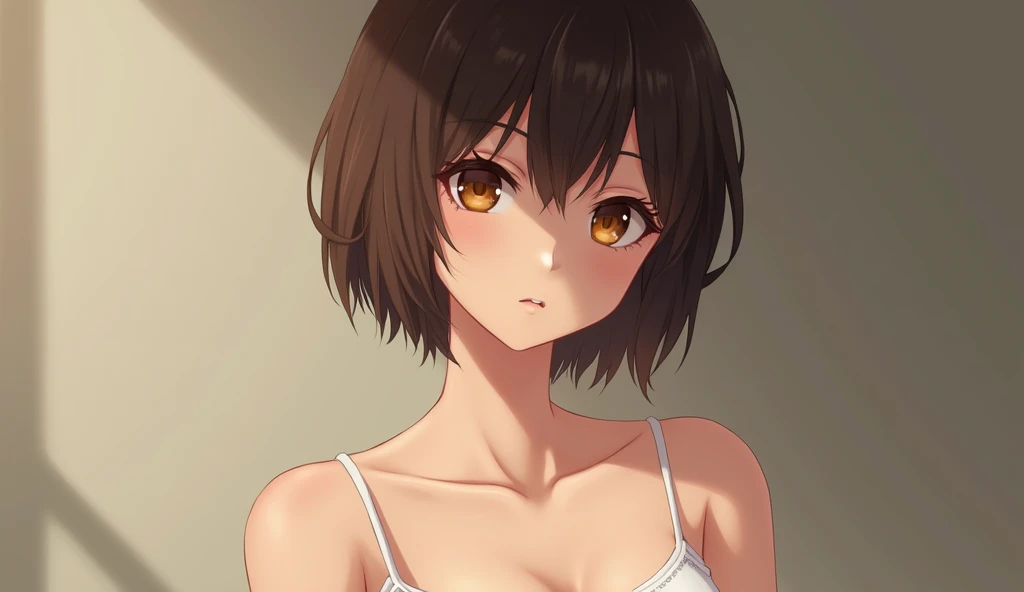 1girl,  japanese woman, short brown hair, short haircut, white camisole, B-cup breasts, white panties, shy expression, (best quality,4k,8k,highres,masterpiece:1.2),ultra-detailed,(realistic,photorealistic,photo-realistic:1.37),high quality portrait, detailed facial features, detailed skin texture, detailed clothing folds, natural lighting, warm color palette, soft focus, delicate feminine features