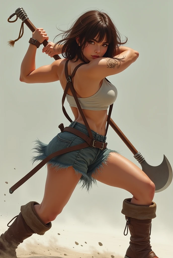 super realistico, Highly detailed face, Clean and delicate face, do blow, 1 lady, all-body, Jump and swing a long halberd downward with both hands, Hold the halberd anatomically correctly, Brown Bob Hair, , wearing a crop top and baggy shorts with suspenders, thicc thighs, high socks, brown platform boots, gazing at viewer, simple color background
