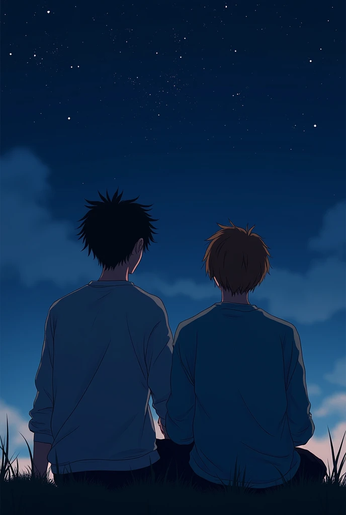 Two young men, one with black hair and the other with brown hair, that the background is midnight blue, that both have their backs turned, And they are both wearing sweatshirts. Oh, and the black-haired guy should be taller and a little muscular.. And they are sitting looking at the dark sky image in a4 format