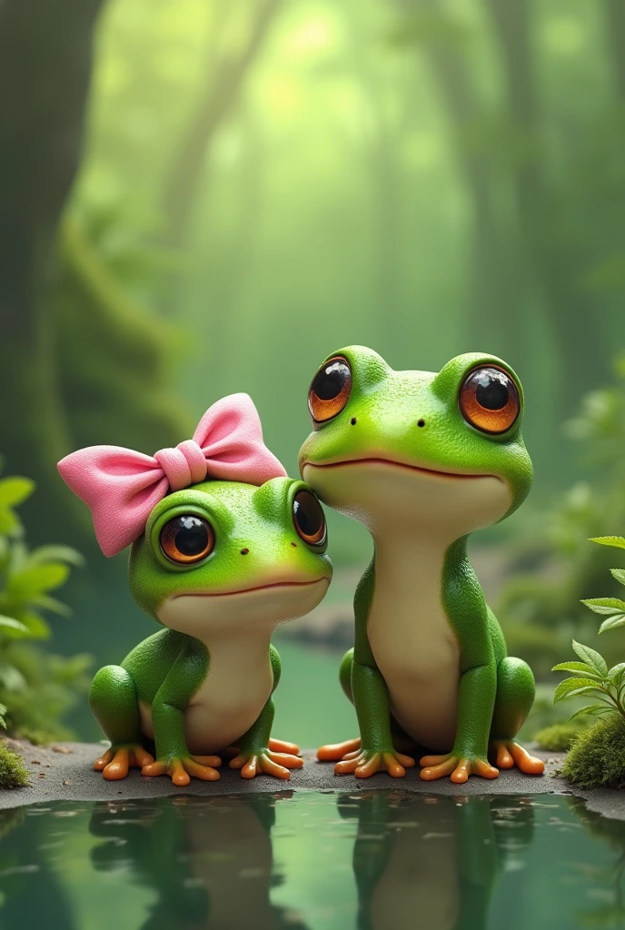 Create an image of a frog with a pink ribbon on its head and its daddy frog on one side without the ribbon on his head.