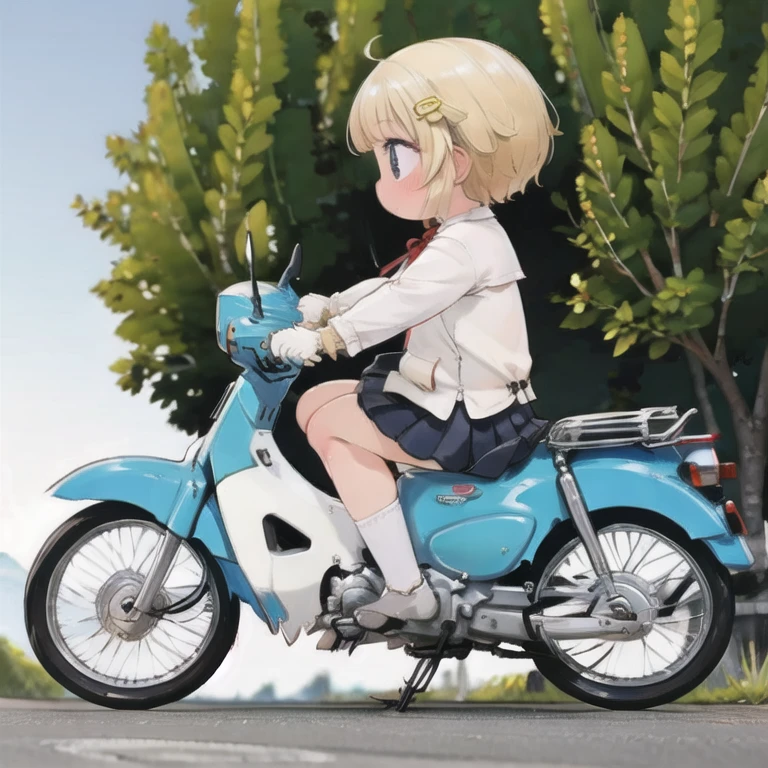 (masterpiece, high quality, 最high quality:1.2)，16K、reality，alone，cute young girl，He sits with his legs spread apart in a green, modified old Honda Super Cub.，Down Straight Muffler，middle School girls，uniform，foot，ステップにfoot，sneakers:1.3，Fluttering skirt，Riverside at dusk，whirlwind，Panchi et al....，Watercolor style，Removing the Stand:1.3，From the back，