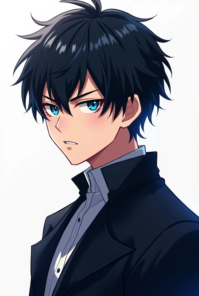 Anime drawing male character with black hair and blue eyes, black coat, white background, half body