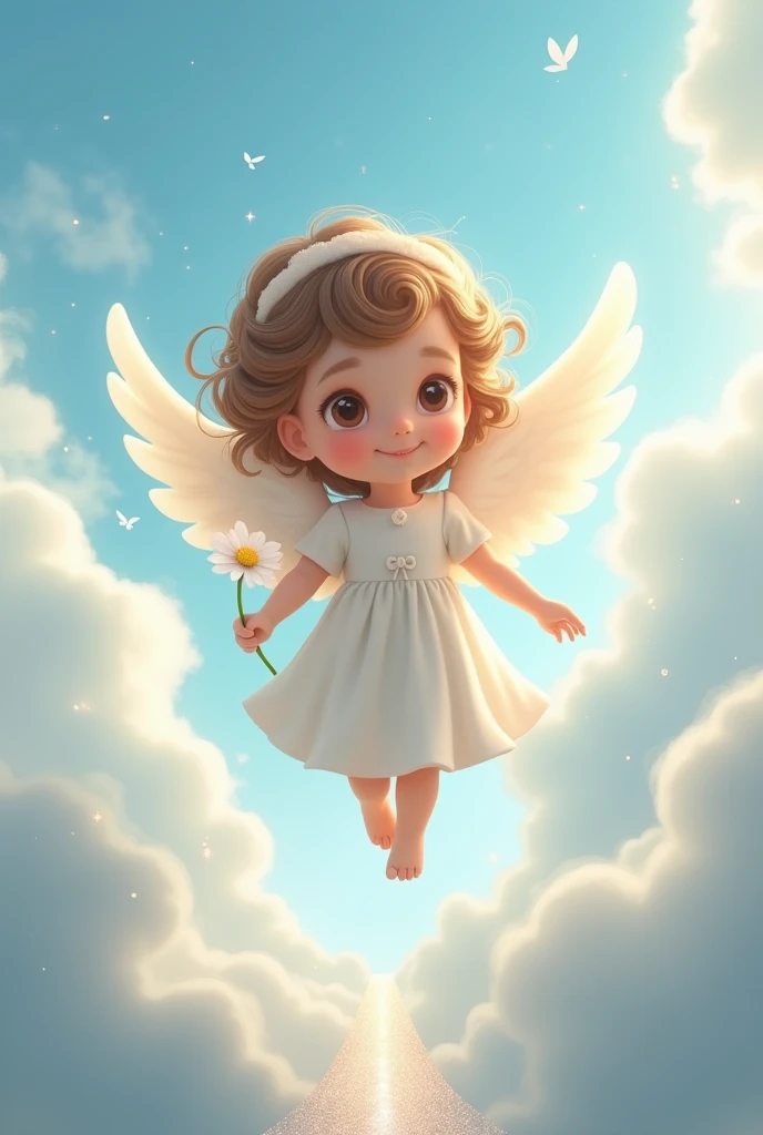 A baby angel with soft white wings, floating in a clear blue sky with fluffy clouds ,with a path to heaven The baby has wavy brown hair, with soft curls that frame her sweet face. Her eyes are large and expressive but slanted, brown with a heavenly glow.. The baby is wearing a white dress with short sleeves and a bow on the back., and holds a small flower in her hand. The image radiates a feeling of peace and purity.