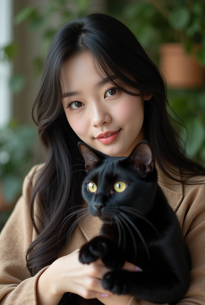 Jennie Kim, korean, taking a picture with a black cat
