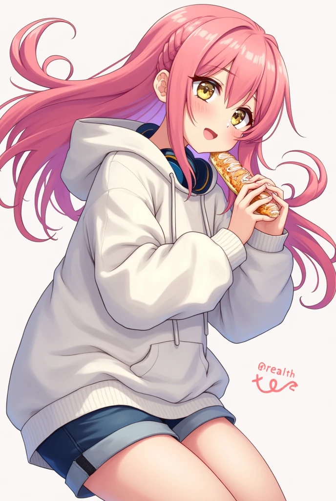 Long Hair, High resolution, Pink Hair, chest, smile, Food, headset on neck, Diagonal bangs, Side Ponytail, Anime Style, Oversized,White patterned hoodie,Shorts,Illustration, 3D Rendering, Sleepy, ,accessories, uniform