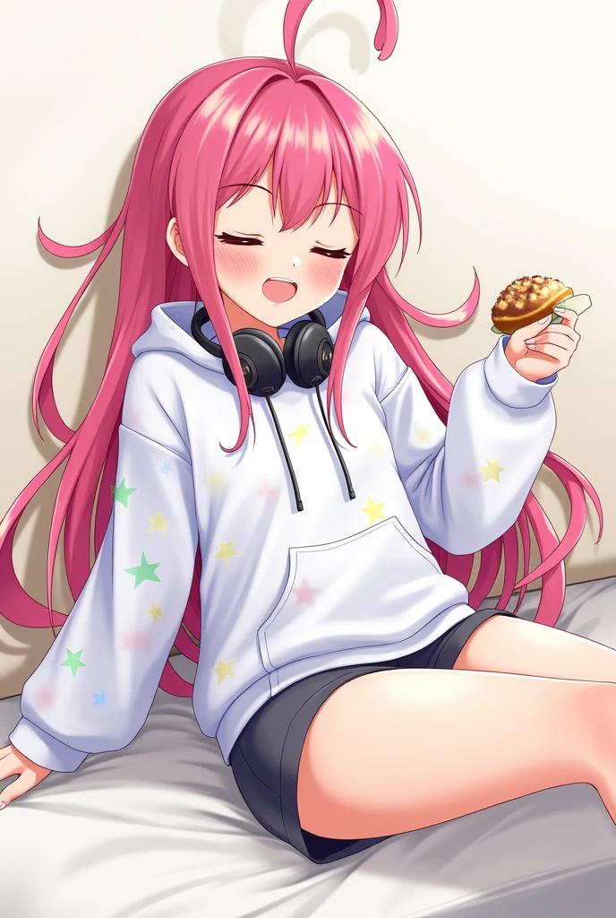 Long Hair, High resolution, Pink Hair, chest, smile, Food, headset on neck, Diagonal bangs, Side Ponytail, Anime Style, Oversized,White patterned hoodie,Shorts,Illustration, 3D Rendering, Sleepy, ,accessories, uniform