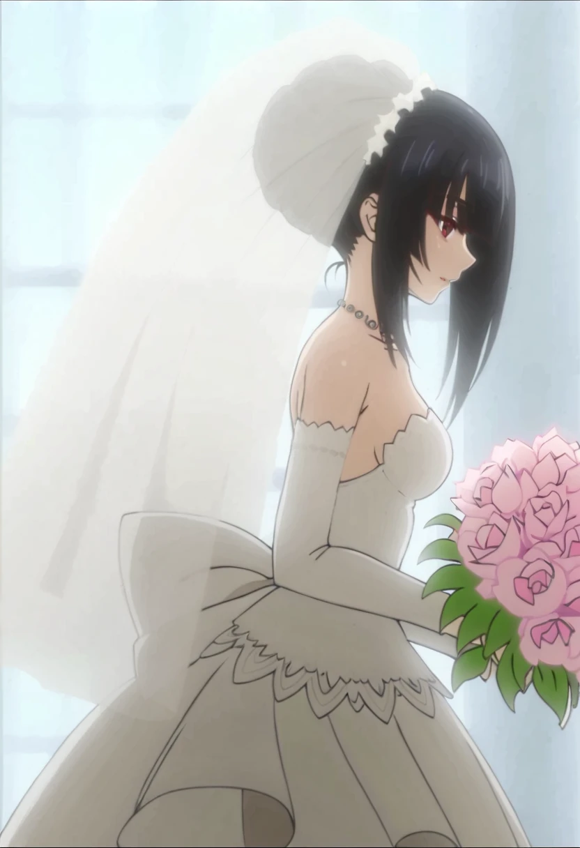 tokisaki kurumi,((masterpiece)),(((best quality))),((ultra-detailed)),((illustration)),((disheveled hair)),((frills)),(1 girl),(solo), 1girl, bouquet, bridal veil, curtains, dress, elbow gloves, flower, gloves, solo, veil, wedding dress,profile,from side,full shot,Rating:safe,