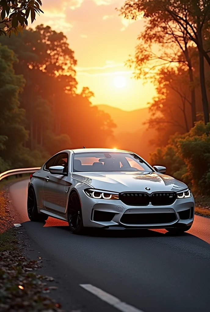 Bmw in white glow in sunset ultra realistic standing on road in jungle 8k road sunset ultra realistic