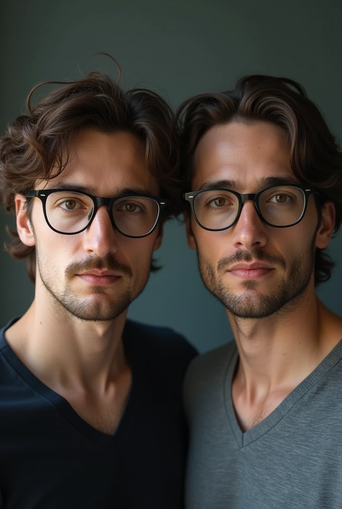 2 man, brown hair, semi-wavy hair, brown eyes, black-framed glasses, expressionless look, half-length photograph, wearing a V-shirt