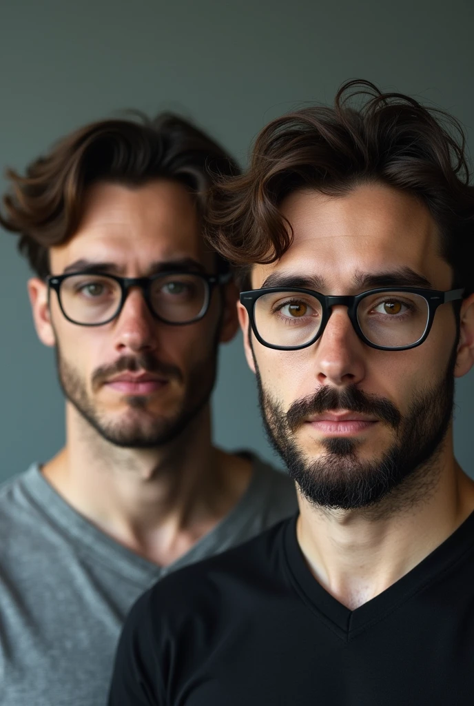 2 man, brown hair, semi-wavy hair, brown eyes, black-framed glasses, expressionless look, half-length photograph, wearing a V-shirt