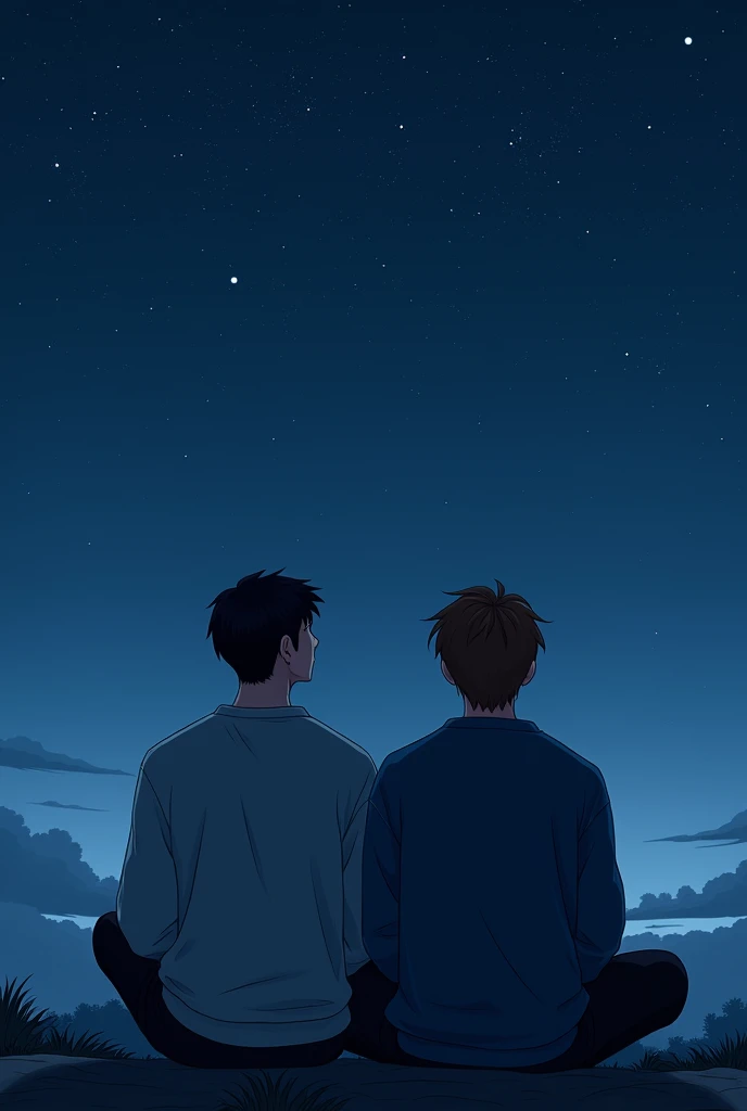 Two young men, one with black hair and the other with brown hair, that the background is midnight blue, that both have their backs turned, And they are both wearing sweatshirts. Oh, and the black-haired guy should be taller and a little muscular.. And they are sitting looking at the dark sky image in a4 format, more realistic image