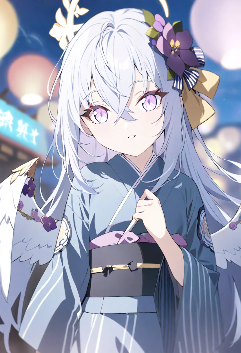 azusa \(blue archive\),1girl alternate_costume angel_wings blurry depth_of_field feathered_wings flower hair_between_eyes hair_flower hair_ornament halo holding_fireworks japanese_clothes kimono long_hair long_sleeves night night_sky obi outdoors parted_lips purple_eyes sash sidelocks sky solo white_hair white_wings wide_sleeves wings yukata smile