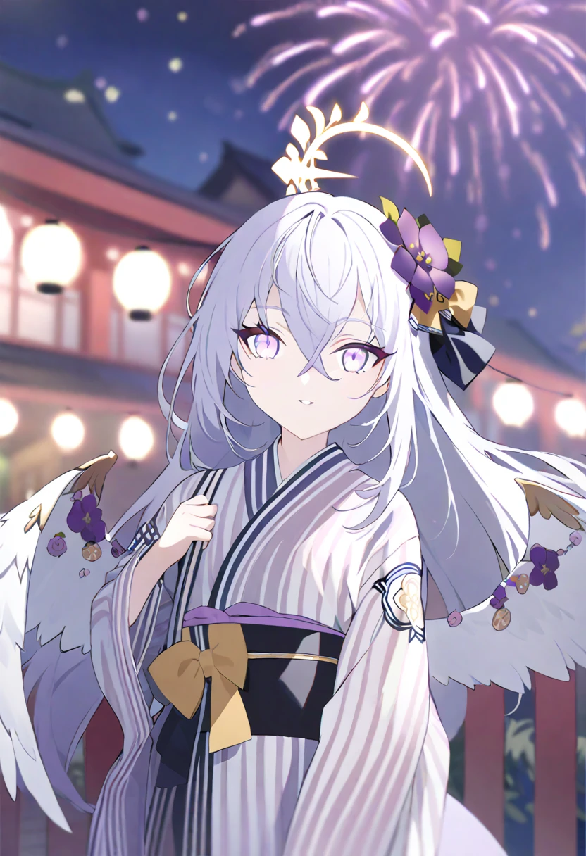 azusa \(blue archive\),1girl alternate_costume angel_wings blurry depth_of_field feathered_wings flower hair_between_eyes hair_flower hair_ornament halo holding_fireworks japanese_clothes kimono long_hair long_sleeves night night_sky obi outdoors parted_lips purple_eyes sash sidelocks sky solo white_hair white_wings wide_sleeves wings yukata smile