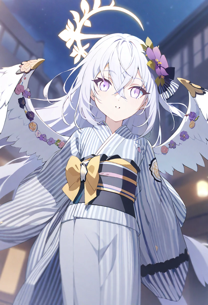 azusa \(blue archive\),1girl alternate_costume angel_wings blurry depth_of_field feathered_wings flower hair_between_eyes hair_flower hair_ornament halo holding_fireworks japanese_clothes kimono long_hair long_sleeves night night_sky obi outdoors parted_lips purple_eyes sash sidelocks sky solo white_hair white_wings wide_sleeves wings yukata smile