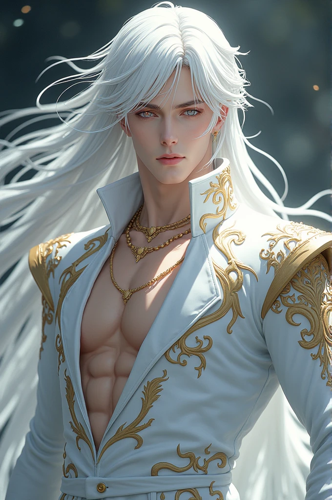 masterpiece, highest quality, (solo focus), (perfect face:1.1), (high detail:1.1),dramatic, 1guy, (pale skin), long white hair, white eyes, [light eyebrows], solo, long hair, moon, night, white luxury suit, covered navel, pouty lips, (beauty marks),  palace, detailed background, art by artgerm and greg rutkowski,  cinematic lighting, roses, suggestive