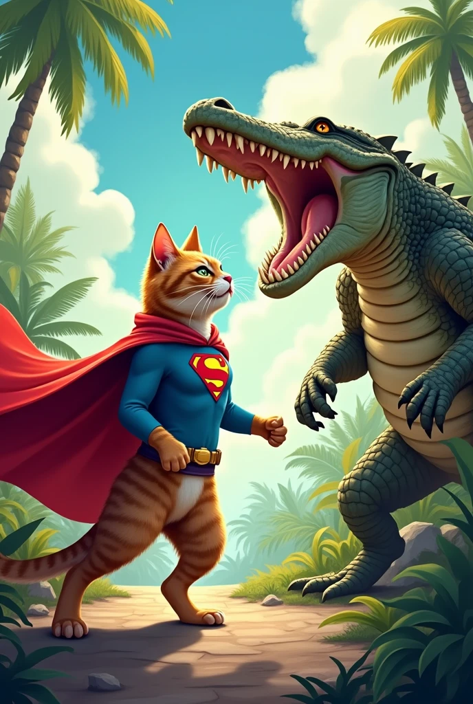 Cat wearing a superhero cape and fighting a crocodile and the crocodile is super angry 