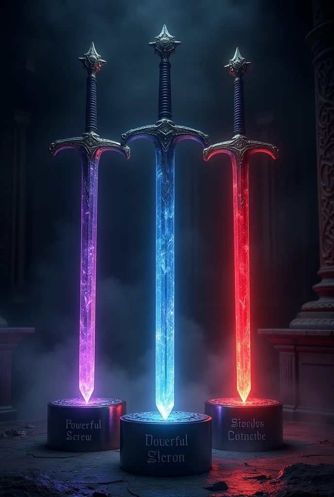 Within a location, there is a kind of altar, above which there is a pedestal where, Around her, everything was dark, but where the swords lay was clear as day. Where the three swords of different appearances were placed, they were partially thin, with straight and polished crystal blades, of tall stature, measuring on average 1,80 a 1,82 meters high each. Em suma, they have three colors: the purple one is for the one on the right, the blue one is for the one on the left, e the red one é para a do centro, a color for each of them. however, there were only two swords left on the pedestal; the third sword, blue in color, had disappeared, and its pedestal was on display, as well as those of the others. Each one had a name, down, in front of the feet of their pedestals: the purple one was called *Powerful Screw*, the red one, A sua volta, was called *Streets of Valente*, and the blue one had the nomenclature of *Generation Ändern*. The remaining two swords were shining brightly., as if they were new or newly forged, a espadthe red one é a que deve ficar no centro, a azul na esquerda da espadthe red one, e a roxa na direita da espadthe red one.