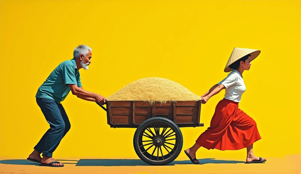 a vietnamese man pulling a cart full of rice, a vietnamese woman pushing behind on a yellow background, in the style of rainbowcore, canvas texture emphasis, paintings, realist detail, flat form