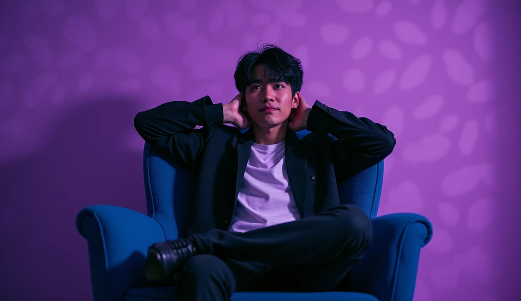 A Japanese male college student wearing fashionable clothes is depressed with a gloomy expression, holding his head in a blue chair under the spotlight,Excited, Photo of your face, Purple pattern background, with a natural look, With a slightly tired look, tilt your face a little, Diagonal orientation, Average face