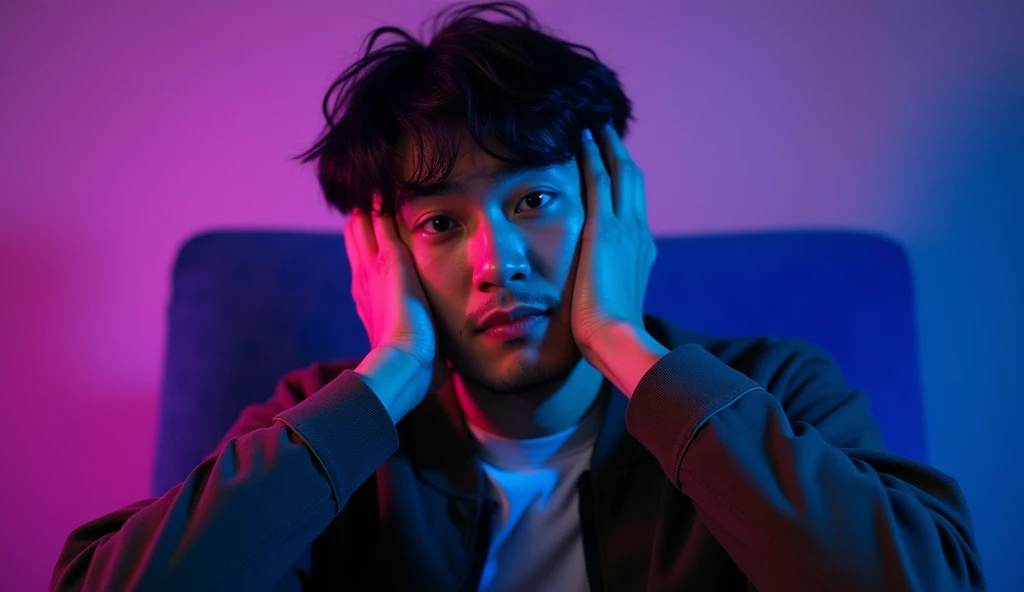 A Japanese male college student wearing fashionable clothes is depressed with a gloomy expression, holding his head in a blue chair under the spotlight,Excited, Photo of your face, Purple pattern background, with a natural look, With a slightly tired look, tilt your face a little, Diagonal orientation, Average face