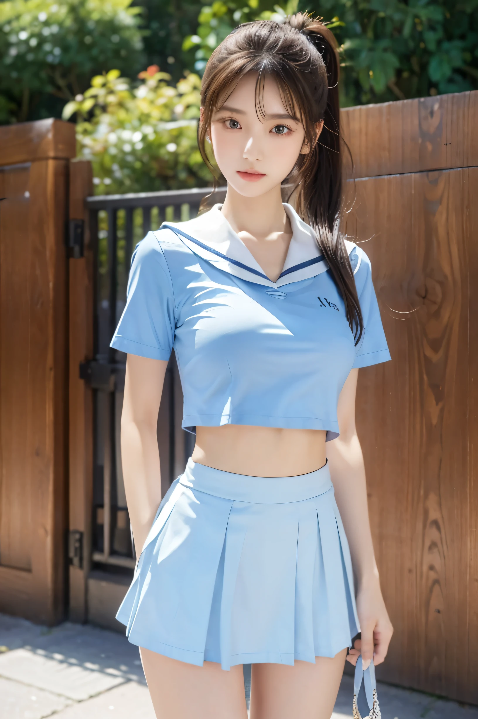 (Ultra HD), (Looking at me), (The whole body is shown), (Light blue short sleeve sailor uniform, Light blue low rise mini skirt), , slender, Narrow waist, (The belly button is vle:0.6), (Thin legs:1.2), (Thin thighs:1.2), (Thin Hips:1.4), (Beautiful Skin, Shiny skin, White skin), (Super slim face, Super beautiful face, No makeup, Smile:0.6), (light brown, ponytail, Layered Cut, Fluffy hair), (double eyelid, Slanted Eyes), Small Nose, Thin lips, Are standing, In front of the school gate