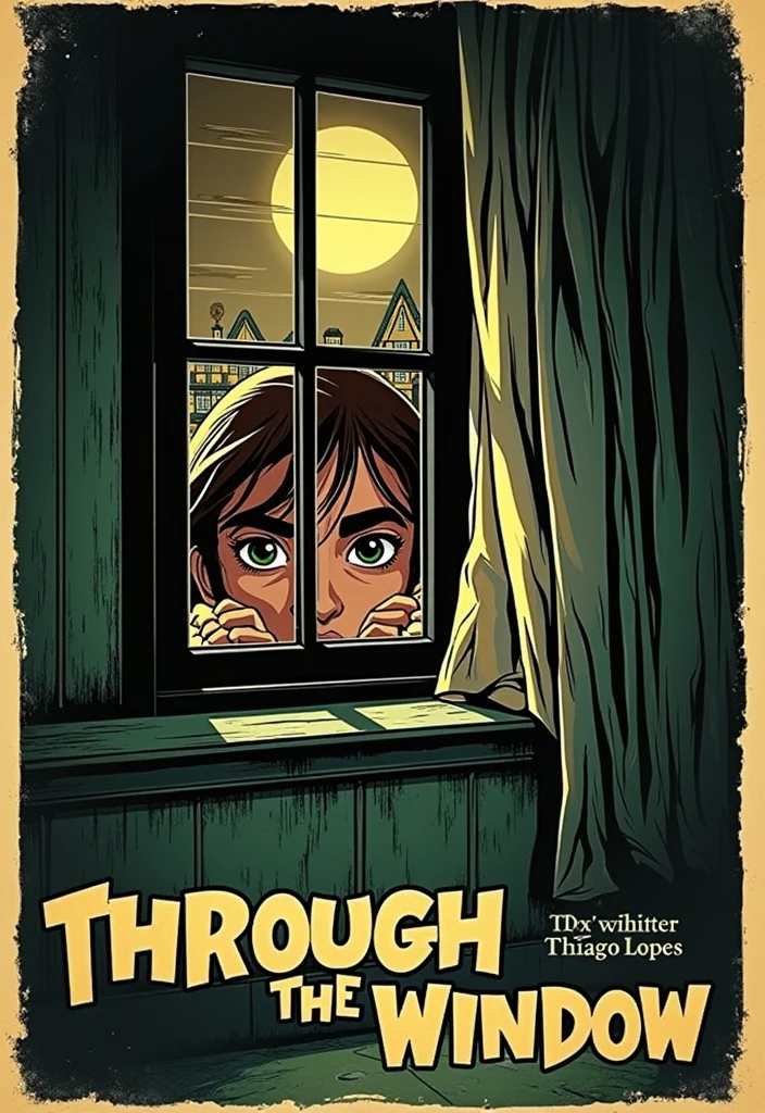 Create a vintage poster style art, old movie posters, with the title of "Through the window", by writer Thiago Lopes. It is the story of a small town that is devastated by the emergence of a werewolf., narrated from the point of view of a ager who sees everything happening through his window.