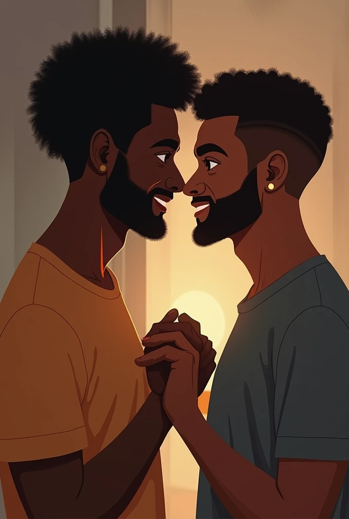 Two men holding hands looking at each other face to face, cheesy, dark skinned, one with afro hair and the other straight, both are dark skinned, Give the second more hair