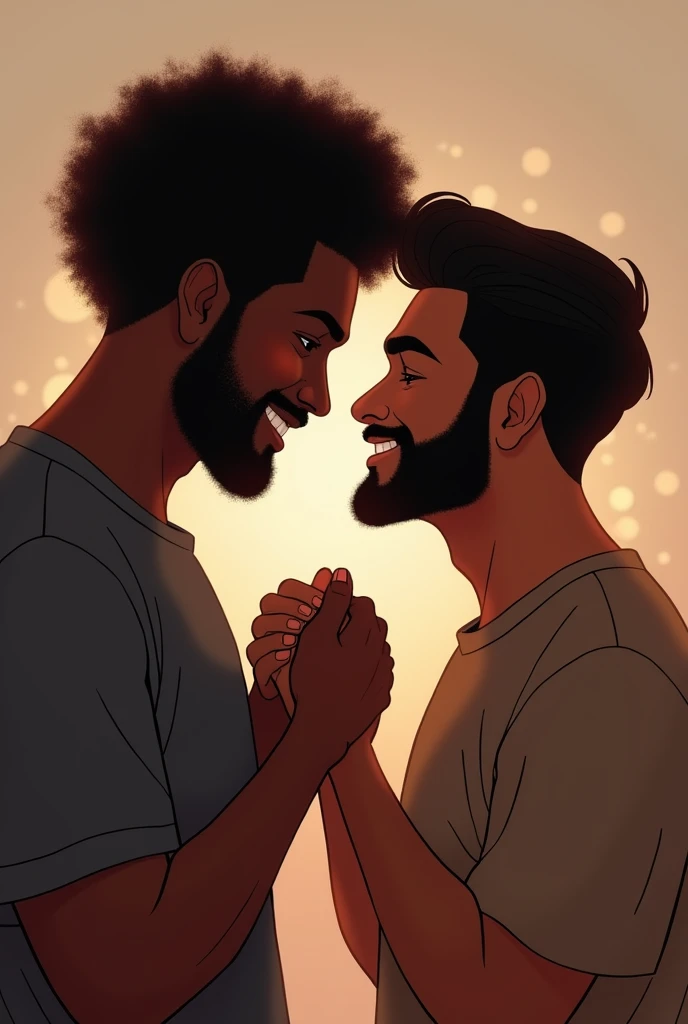 Two men holding hands looking at each other face to face, cheesy, dark skinned, one with afro hair and the other straight, both are dark skinned, Give the second more hair