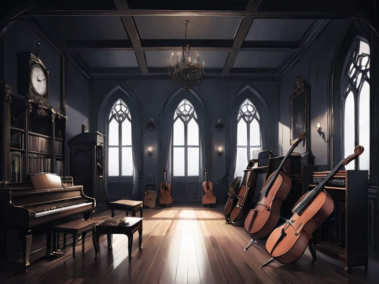 music room,large room,dark,Gothic,moonlight,There are a lot of instruments around,High ceiling,床に光は当たらない