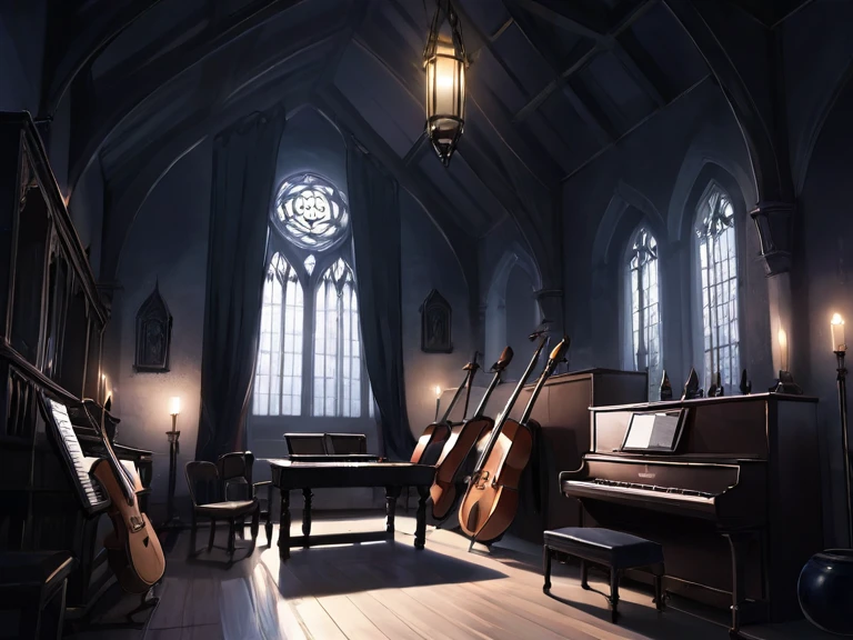 music room,large room,dark,Gothic,moonlight,There are a lot of instruments around,High ceiling,床に光は当たらない