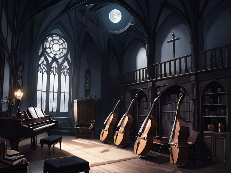 music room,large room,dark,Gothic,moonlight,There are a lot of instruments around,High ceiling,床に光は当たらない