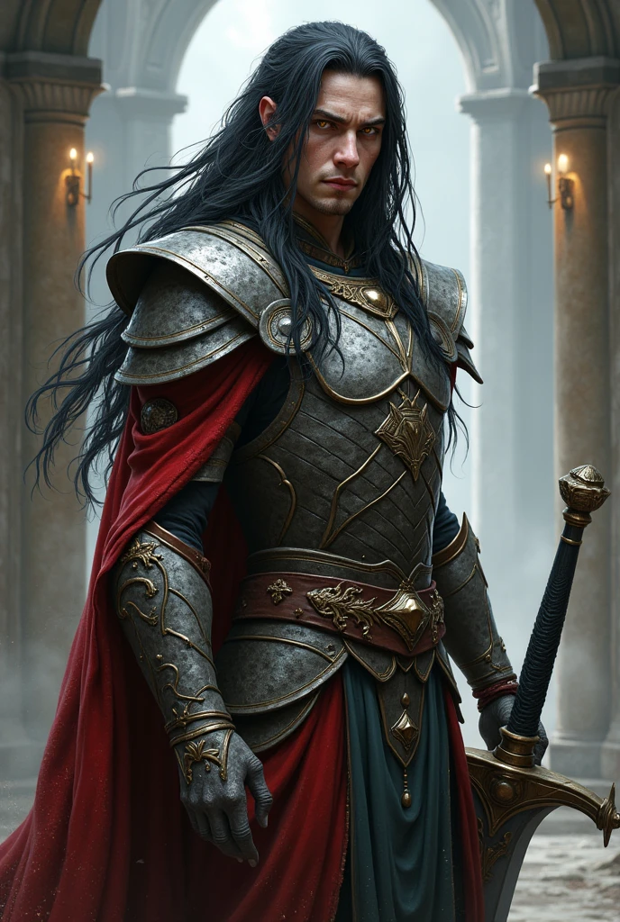 Draw a male DnD paladin character, young, of draconid race, with a greyish red scale colour, yellow eyes and long black dreadlocks.