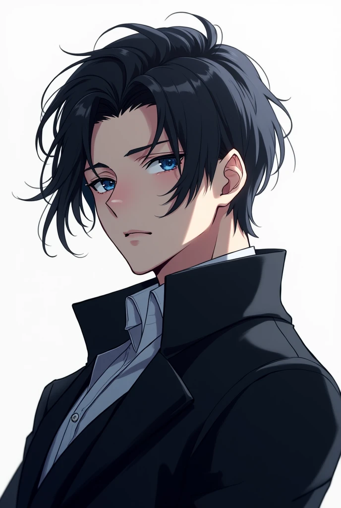 Anime drawing male character with black hair and blue eyes, black coat, white background, half body looking forward