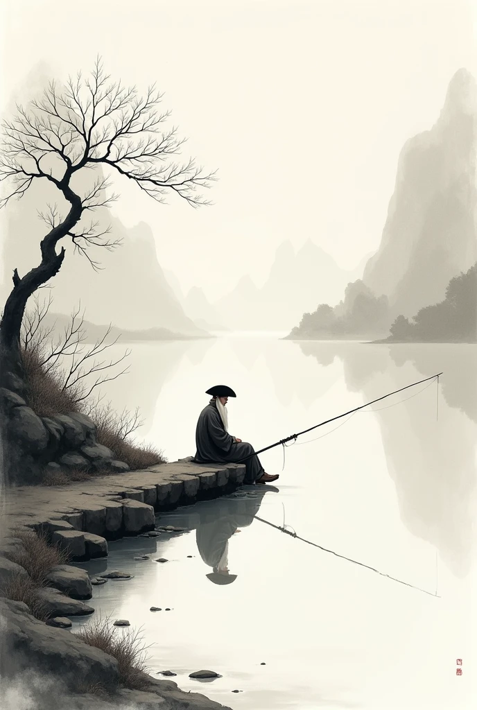 Ink Painting、River bank、A hermit sitting on a bridge fishing、tricorn hat、Long white beard、fishing rod