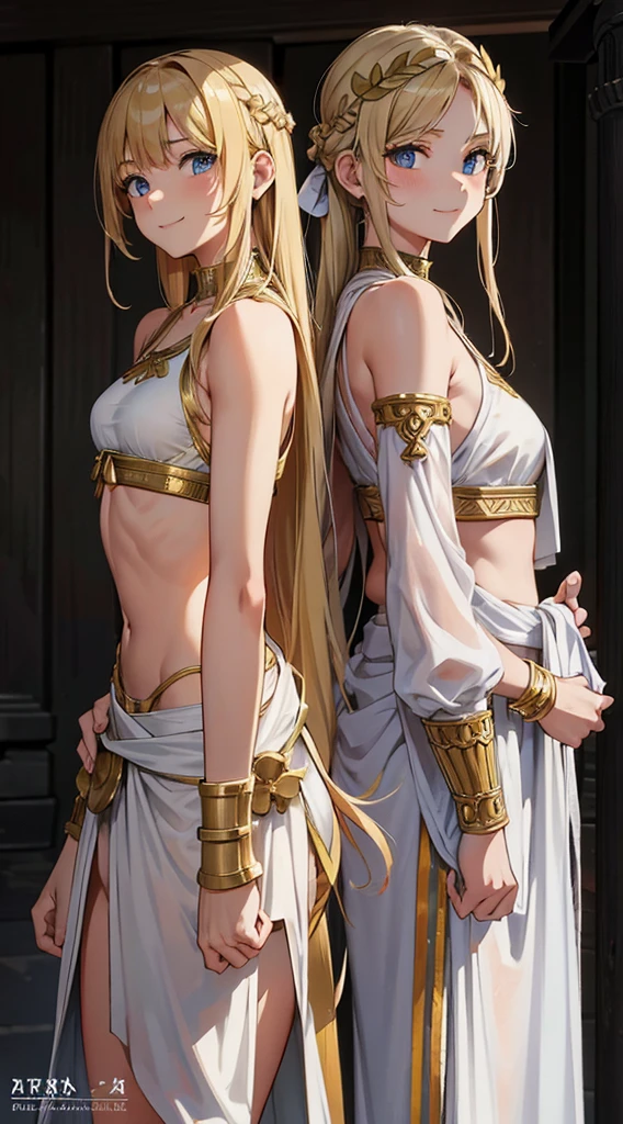 Greek warrior, girls in togas , cover , ancient Greece,muscular body, defined abdomen,, classical Greece , warrior woman, blonde hair ,teen girl , young girls, really young girls, young body, slim body, small chest , smile
