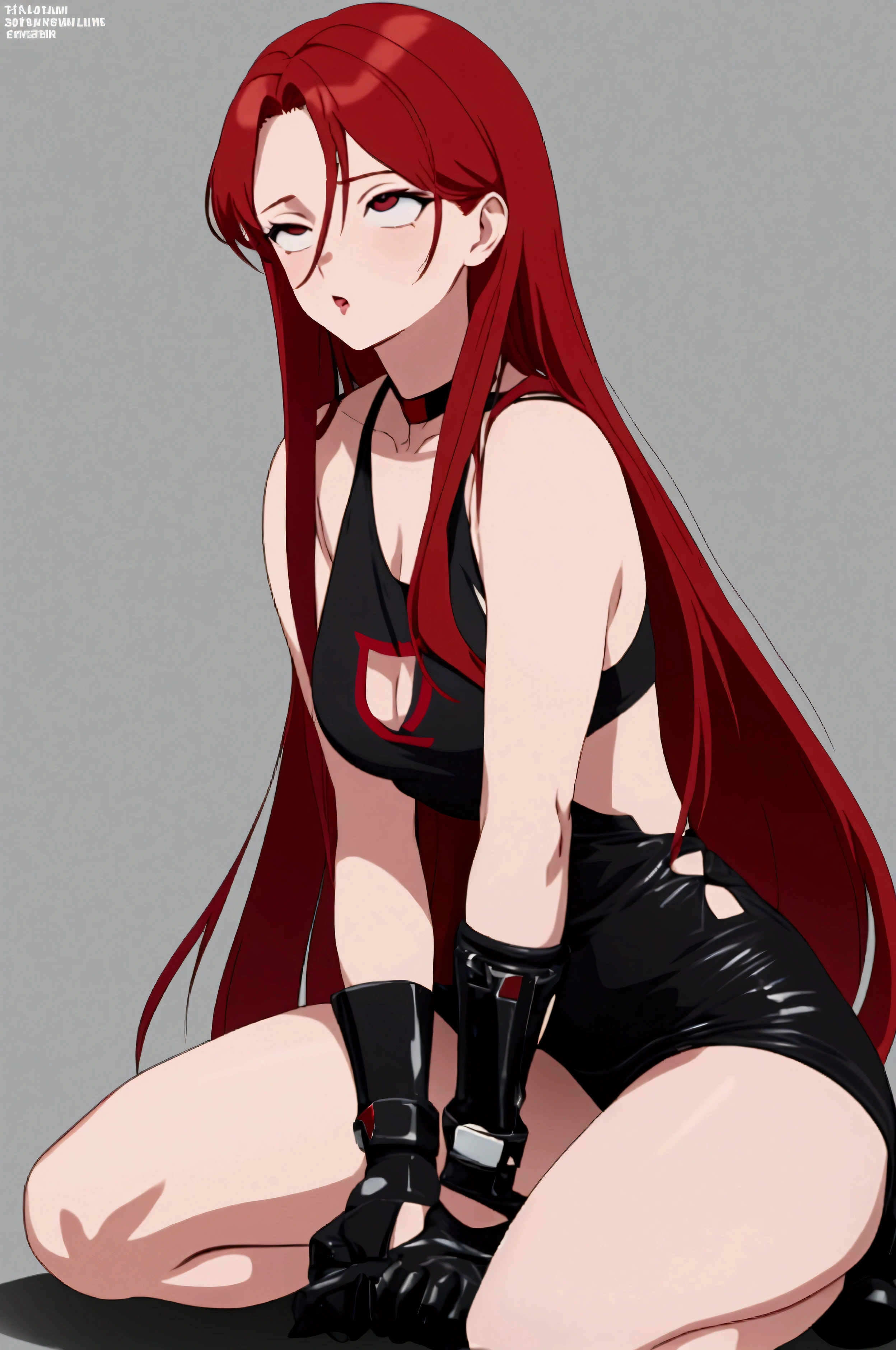 create a redhead woman image, red-haired girl, ((red hair)) anime traits, anime image, anime traits, Imagine a strong woman, with long, straight hair in an intense black color. She's in a battle pose, but with a surprised expression, looking at something off screen. Her entire body is on display in the image, in a position that displays both his strength and his surprise. She's dressed casually, with a white V-neck t-shirt that contrasts with her skin and highlights her athletic build. She wears black mini shorts that match perfectly with her black mid-calf boots.. The image background is a single solid color., no textures, to make it easier to cut out the figure later. The woman appears completely on the screen, sem cortes.