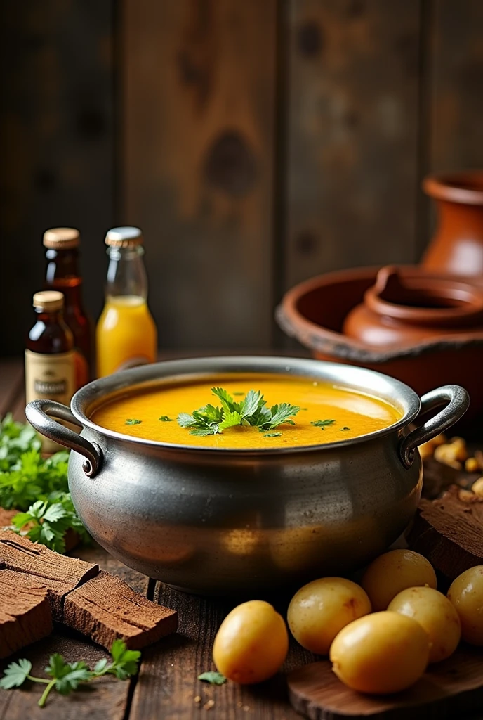 Advertisement for the sale of rib soup with potato, cassava and corn. The liquid should be yellow with green traces of cilantro., Display a large steel pot to serve many people, with firewood, next to beer spices and rice, Attractive image to send on social networks and generate orders, country style