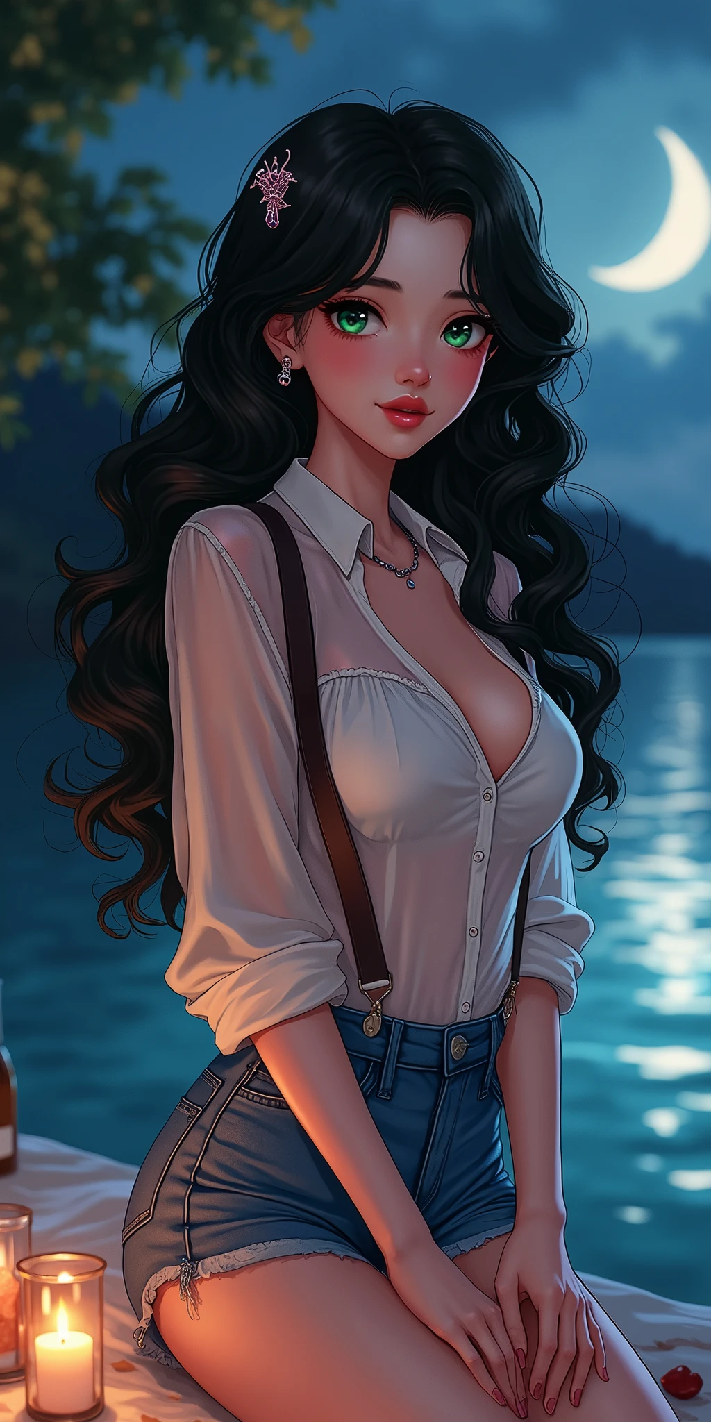 (best quality, ultra-detailed, photorealistic: 1.39), bright and vibrant colors, studio lighting, romantic expression, An effeminate girl, with a delicate and beautiful face. She is a girl who reflects seductive beauty, sparkling eyes, A beautiful adult woman beautiful and voluminous curly black hair, hair clip, crying a seductive 2 woman with big breasts seduces, with her large breasts seduces, transparent long-sleeved blouse with buttons, denim shorts with suspenders, with her green eyes that matches her soft smile, in a beautiful pose demonstrating her seduction on the in front of a beautiful lagoon, moon, trees and a beautiful picnic, night with soft lighting, anime style, like a manwha character