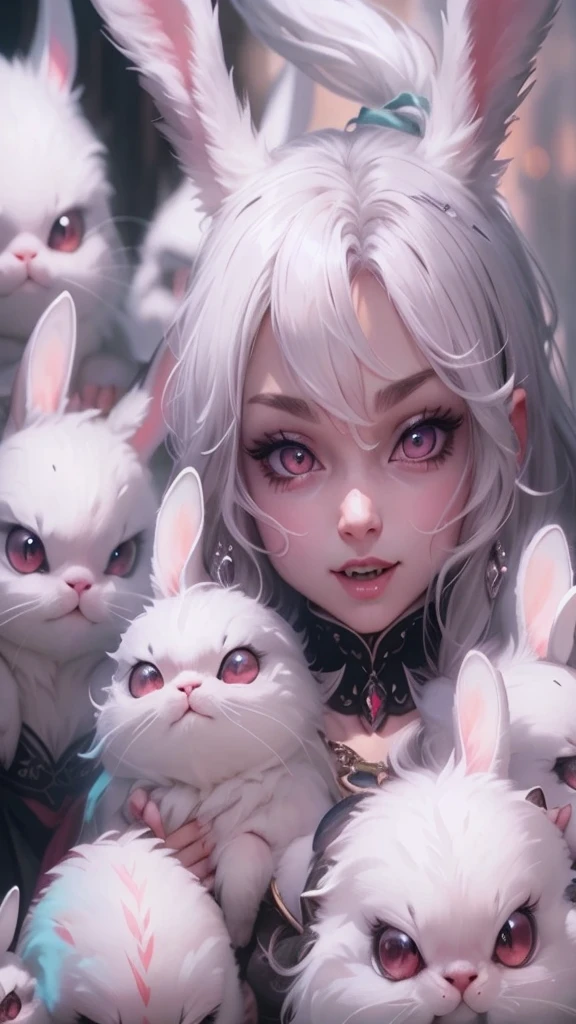 a cute but evil looking female white bunny, detailed bunny face, piercing eyes, sharp fangs, fluffy white fur, mischievous expression, detailed intricate patterns, fantasy, dark fantasy, digital art, highly detailed, 8k, photorealistic, cinematic lighting, dramatic shadows, moody atmosphere